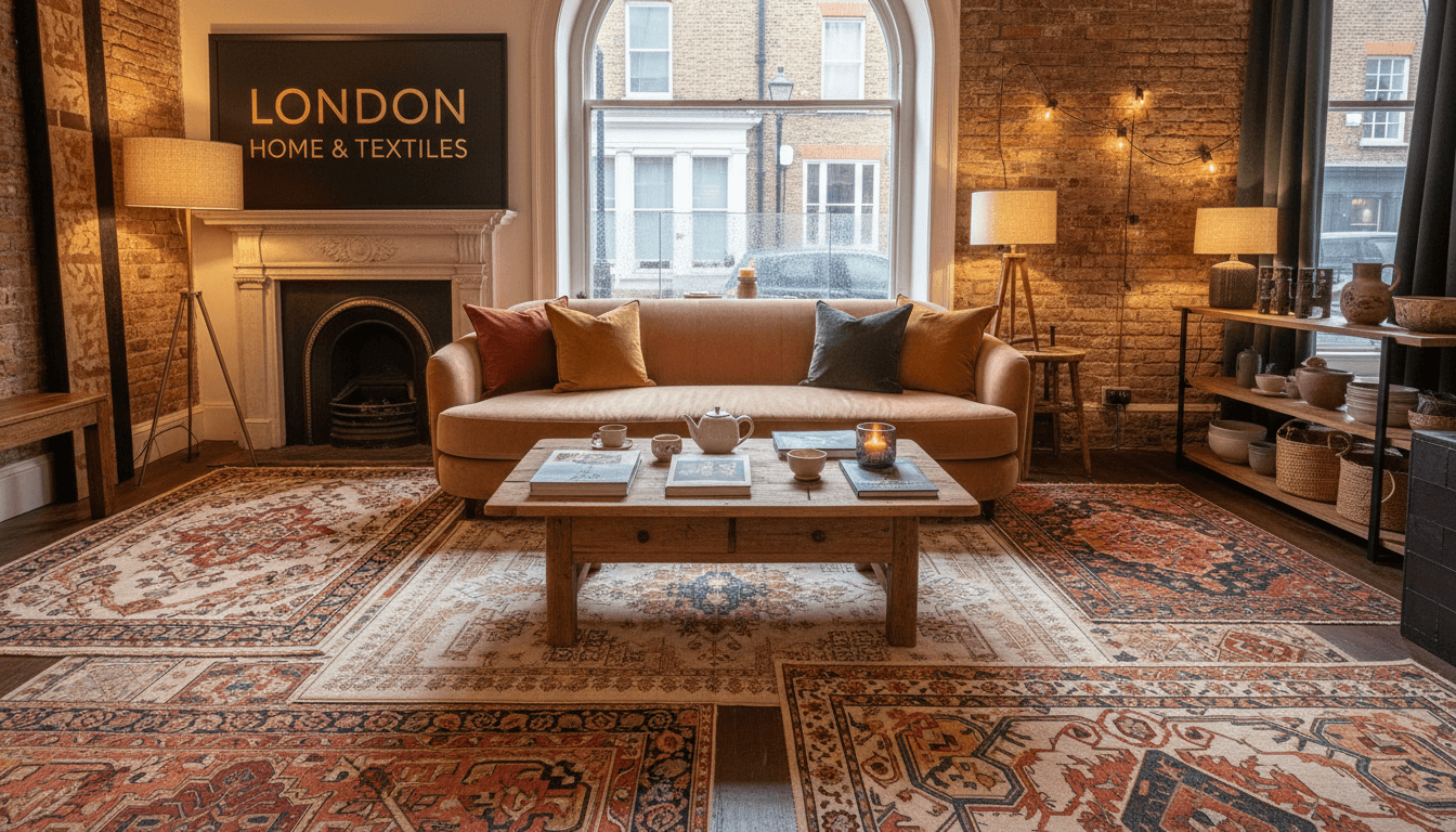 Cozy London showroom interior with layered rugs, a neutral sofa, and warm accent lighting