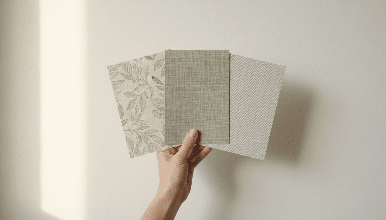 Hand holding wallpaper pattern samples against a painted wall