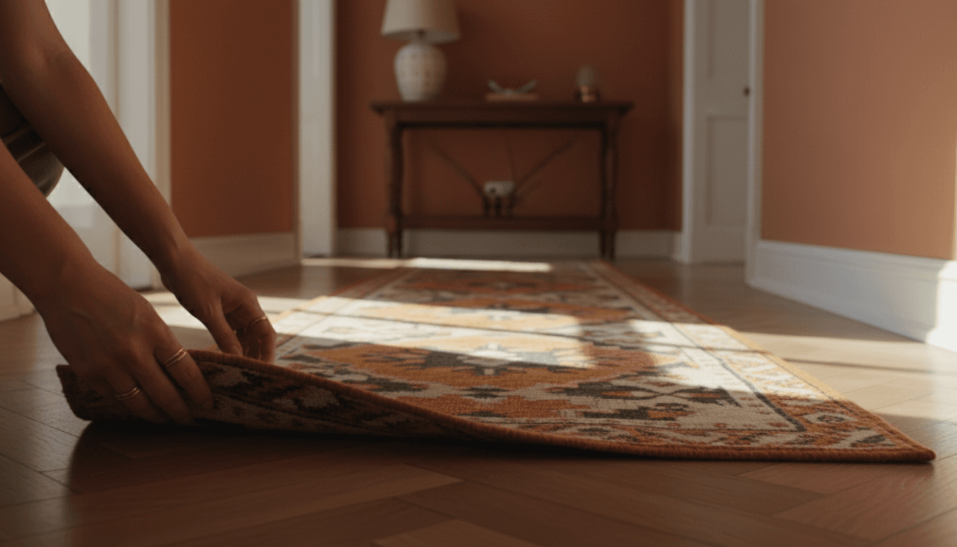 Hands adjusting a patterned runner rug in a hallway