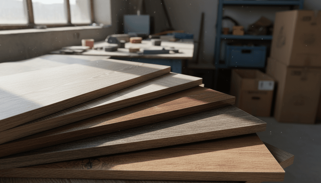 Stacked wood-look laminate flooring samples showing different grain patterns