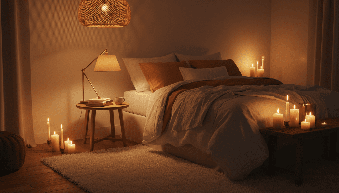 Bedroom corner with a soft shaggy rug and warm lighting