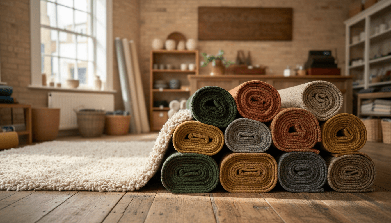 Rolled carpet samples and a soft cream rug in a London shop