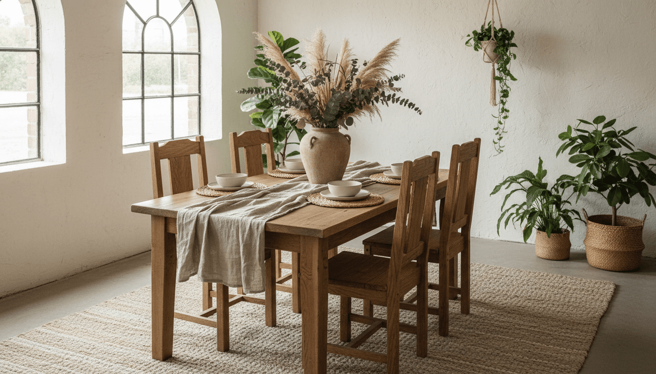 Wooden dining table and chairs in a bright furniture showroom