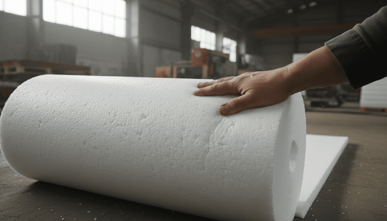 Hand pressing down on a roll of foam underlay to show cushioning
