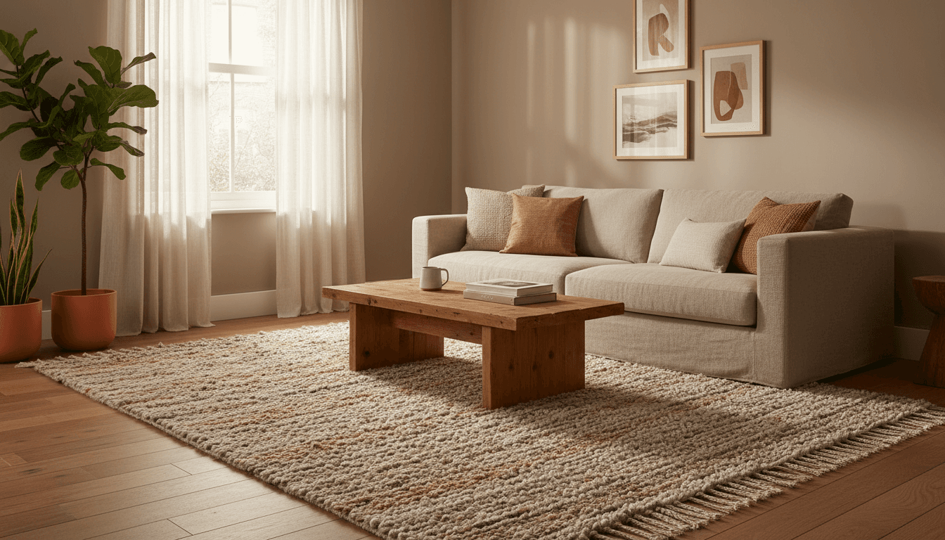 Living room with a large wool rug anchoring the seating area