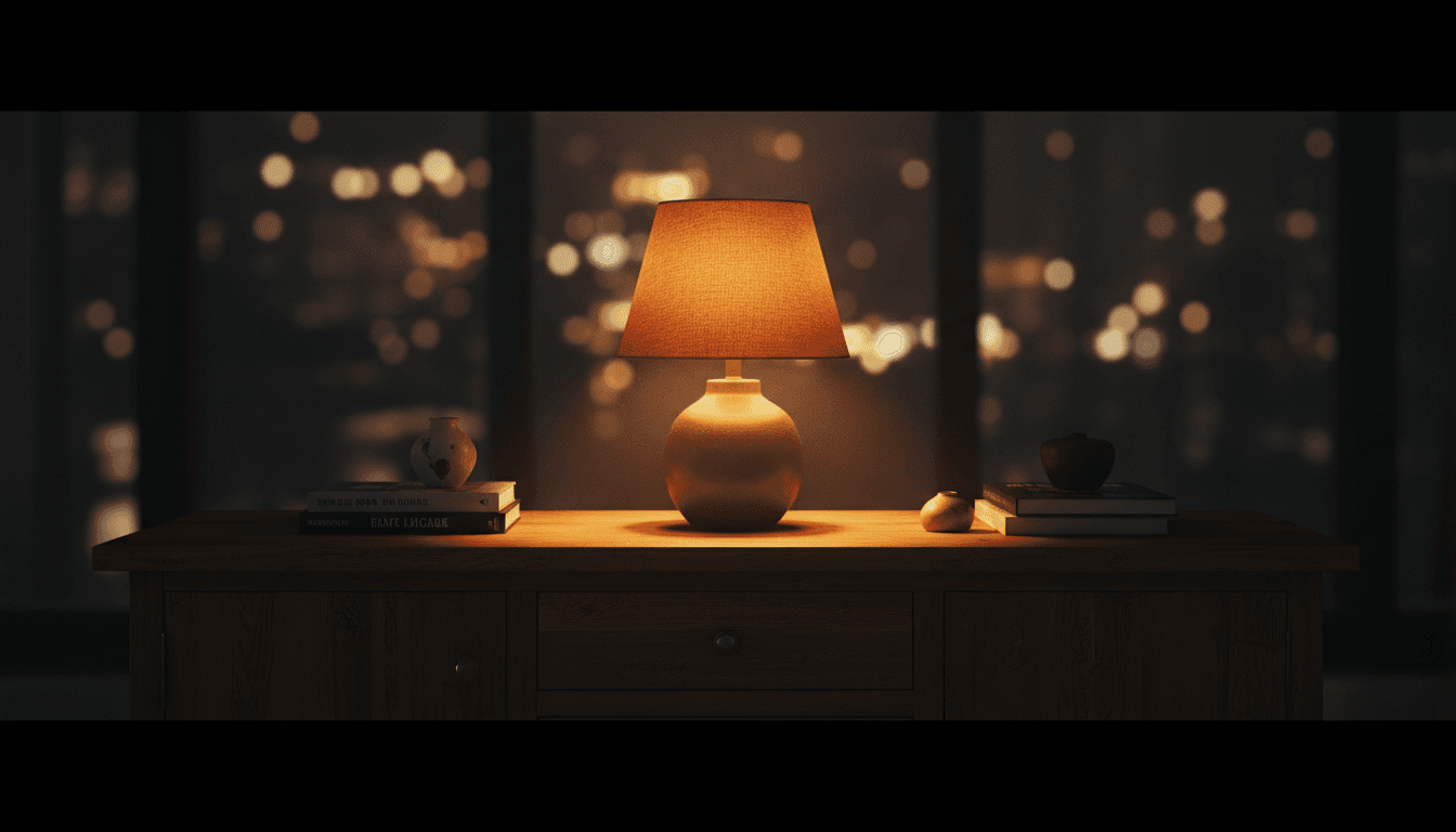 Warm glowing table lamp on a wooden sideboard in a moody setting