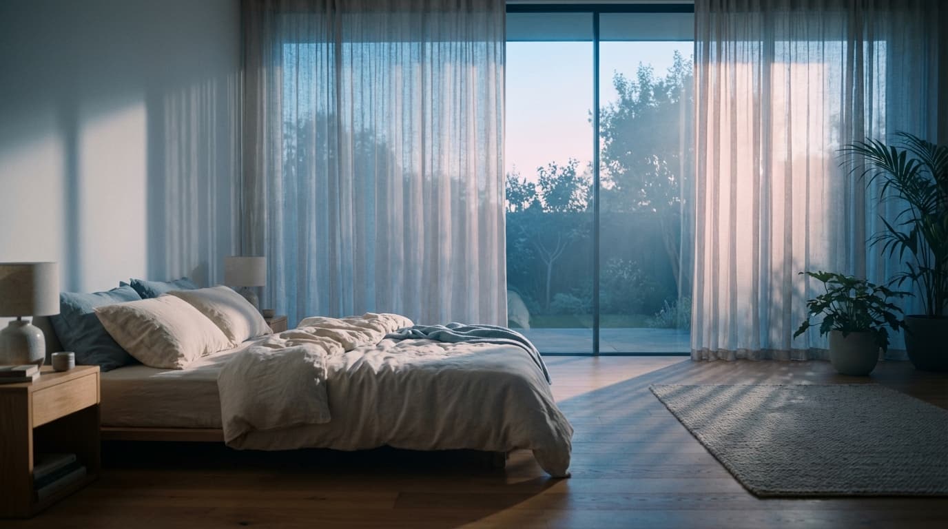 Bedroom corner with linen-upholstered headboard and light wood bedside table