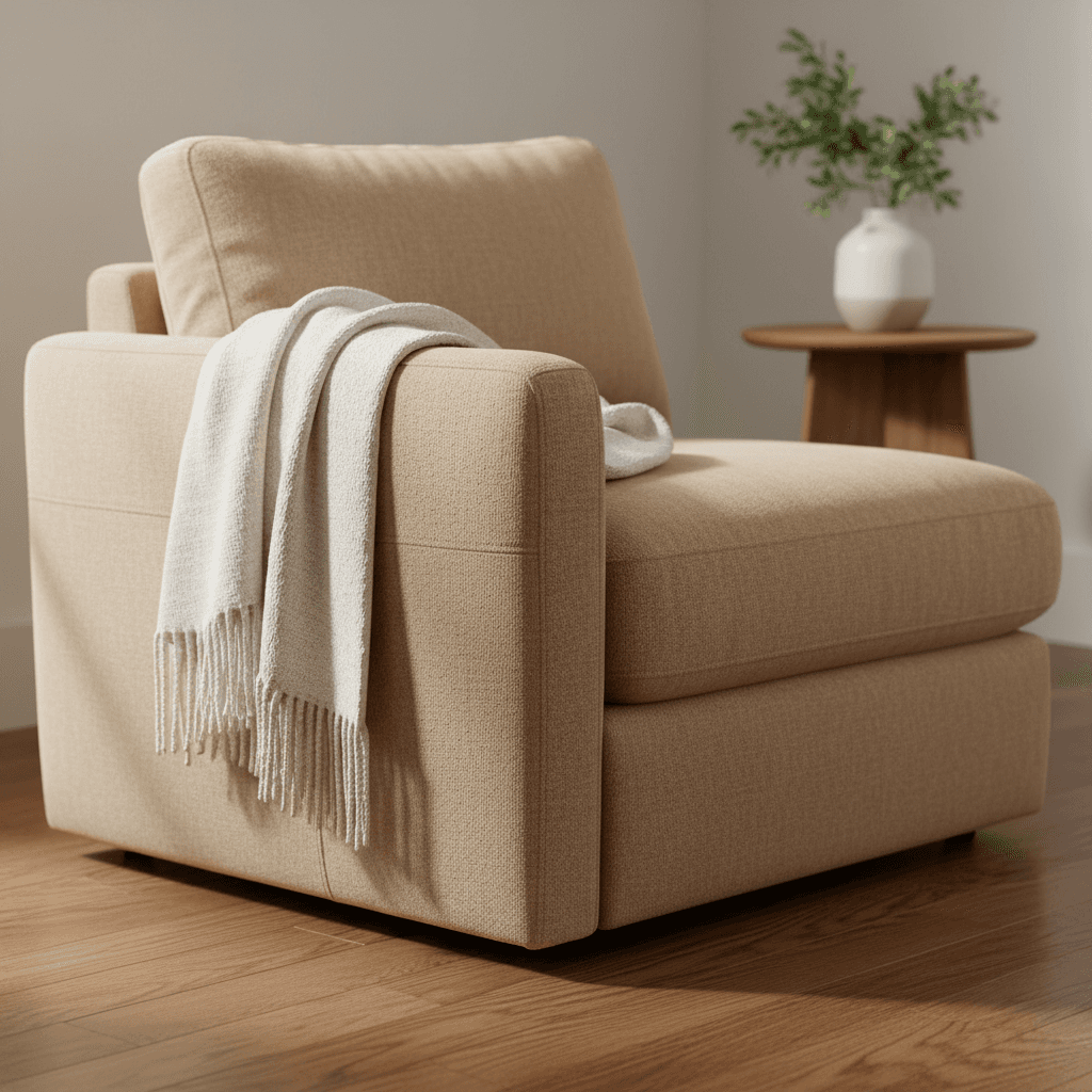 Fabric sofa in neutral tones inside a bright retail showroom