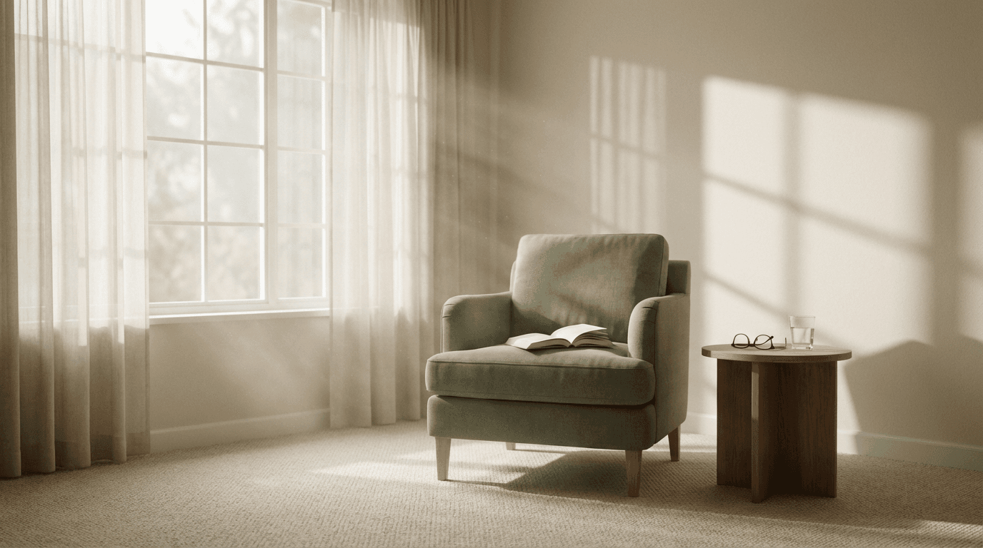 Cosy living room corner with patterned rug and warm floor lamp