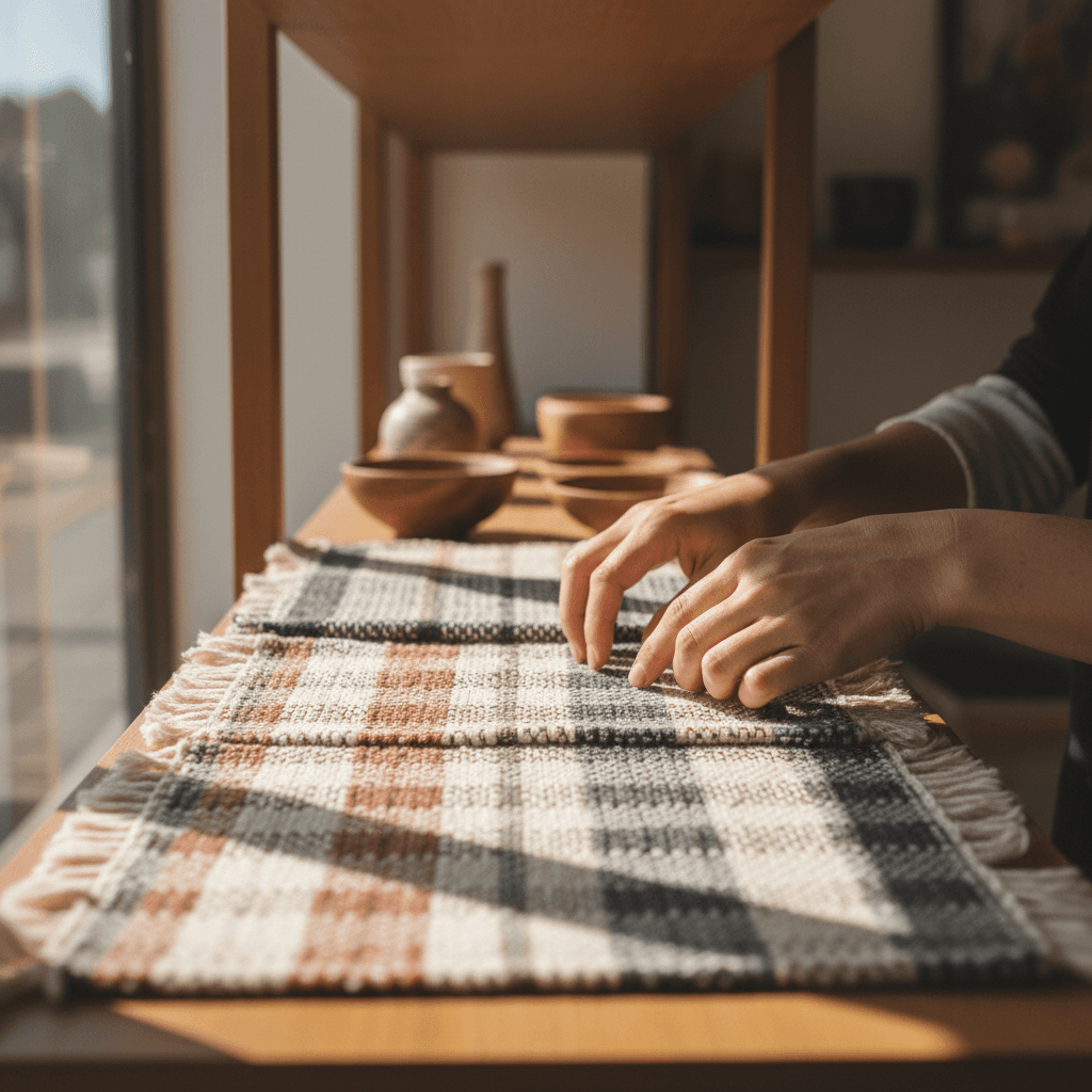 Shopkeeper unrolling a rug for a customer to inspect