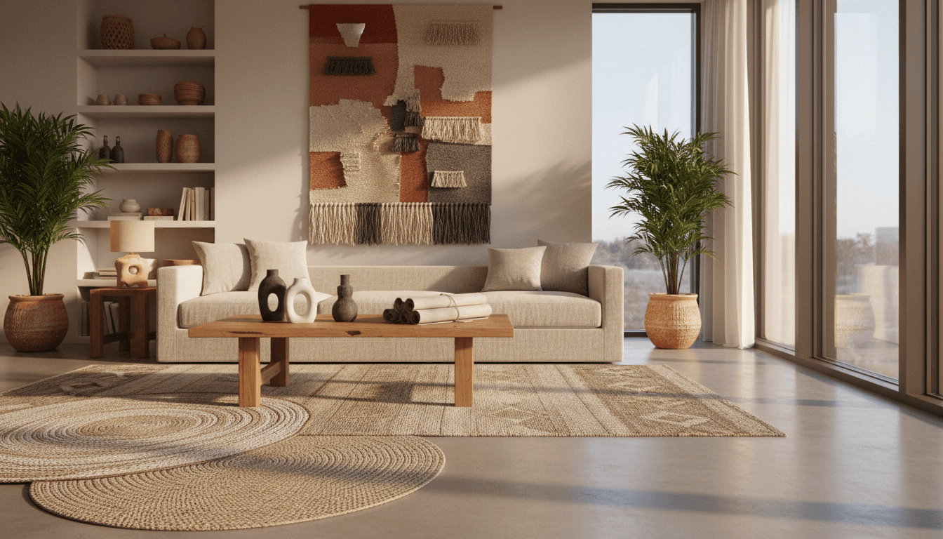 Cozy London living room corner with a soft rug, wooden side table, and warm lamp lighting