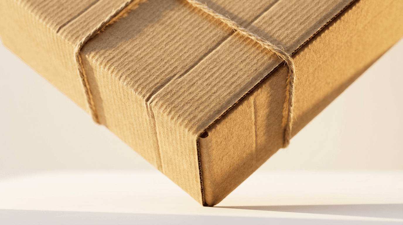 Rolled carpet and cardboard box in a sunlit hallway