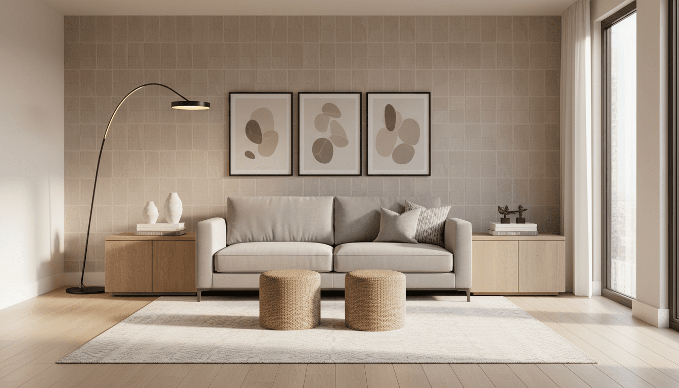Feature wall with subtle botanical wallpaper in a refined living room