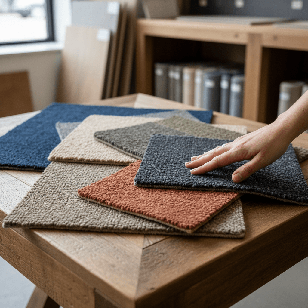 Hand comparing carpet and fabric swatches